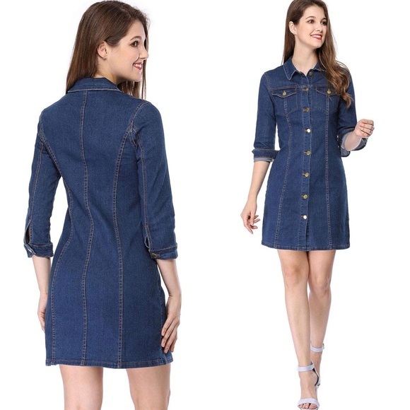 Allegra K Women's 3/4 Sleeve Button Down Denim Shirt Dress Size Small NWT - Picture 1 of 16